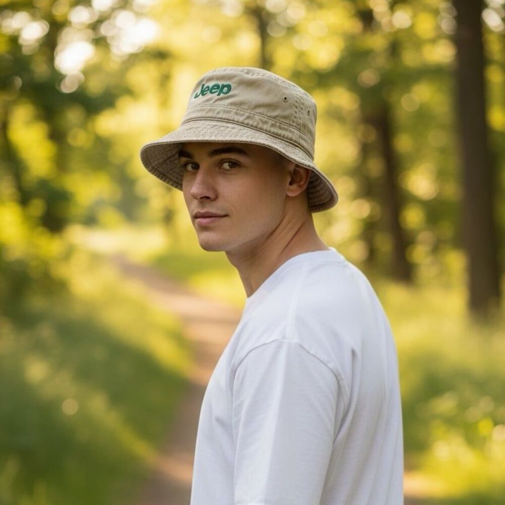 Vintage Jeep Embroidered Bucket Hat Khaki Tan Cotton Safari Boonie Cap Adult M/L